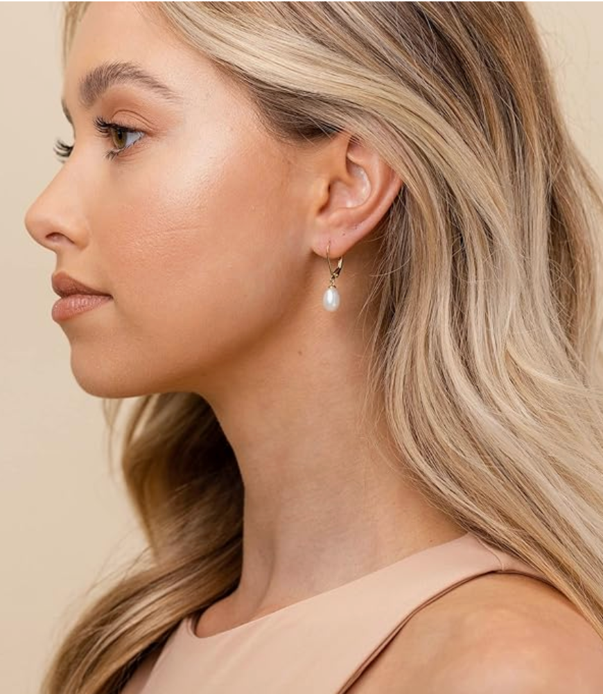 Gold Leverback Solitaire Pearl Drop Earrings