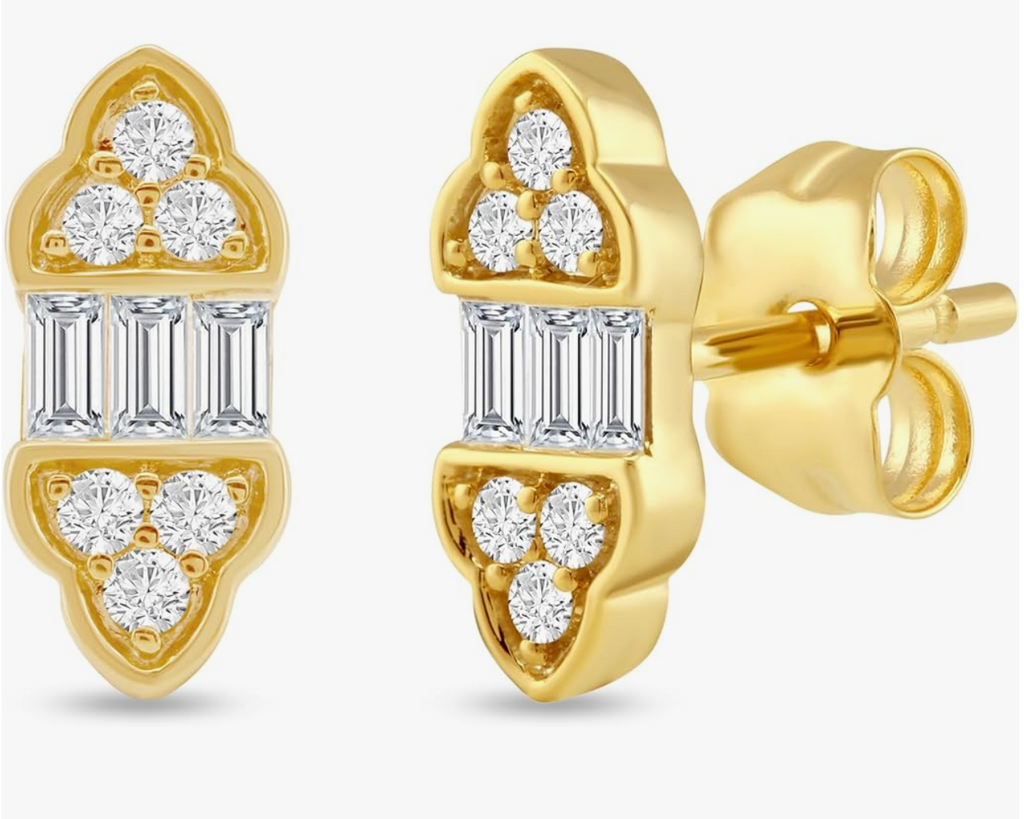 Gold Art Deco Baguette and Round Crystal Stud Earrings