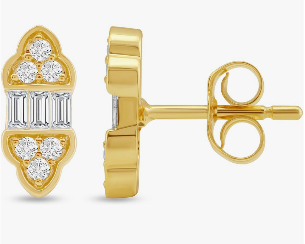 Gold Art Deco Baguette and Round Crystal Stud Earrings