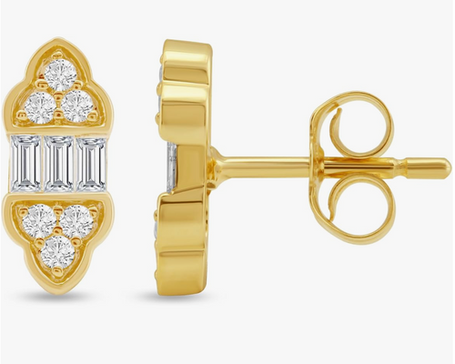 Gold Art Deco Baguette and Round Crystal Stud Earrings