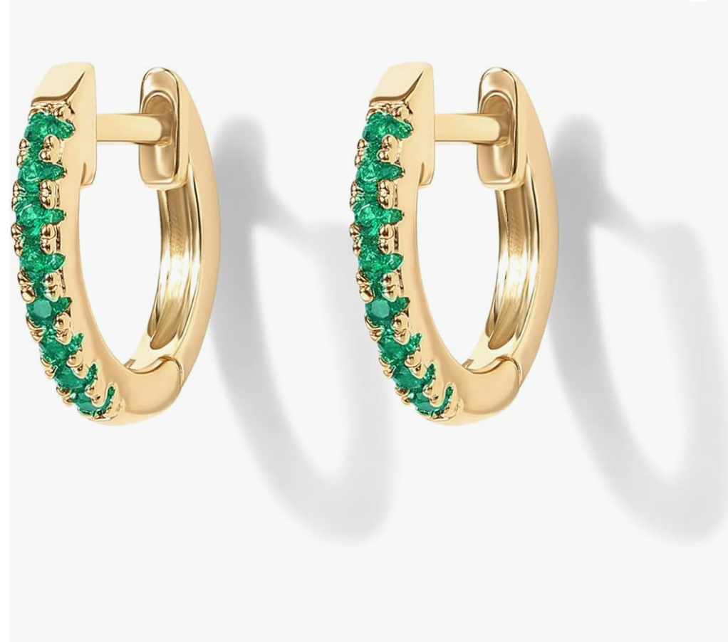 Gold Emerald Green Crystal Huggie Hoop Earrings