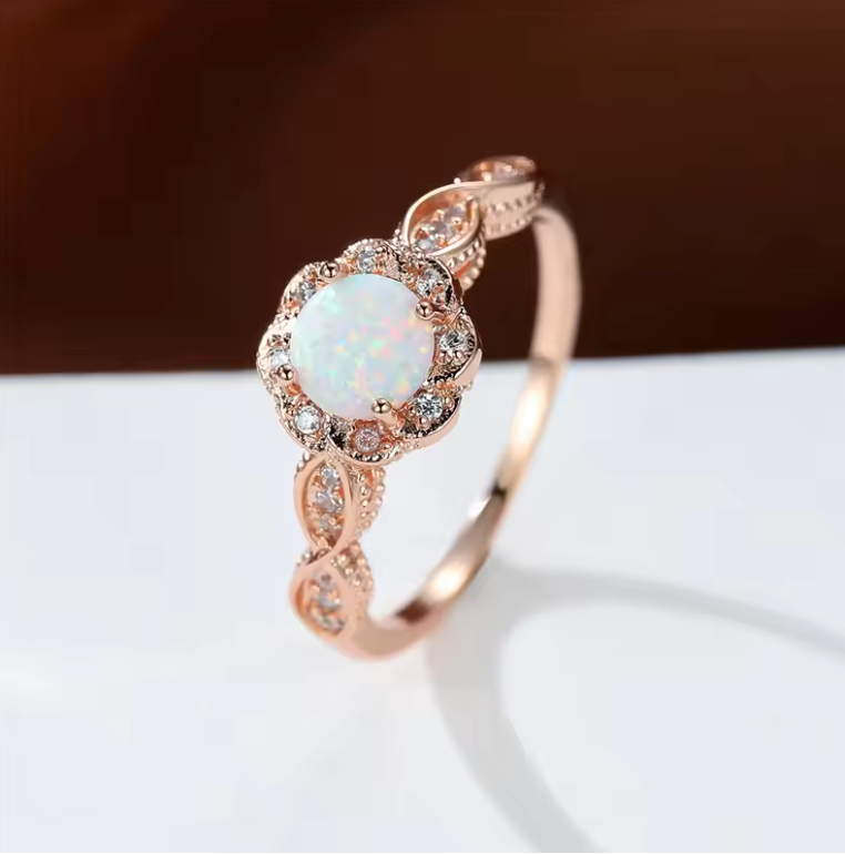 Rose Gold Vintage Floral Halo Opal Ring