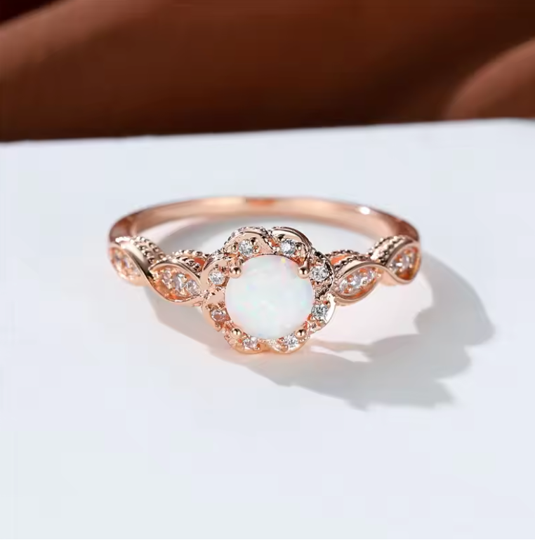 Rose Gold Vintage Floral Halo Opal Ring